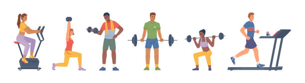 People working out in gym using barbells and dumbbells, treadmill running track and bike. Keeping fit and leading active lifestyle. Bodybuilding and strengthening body with exercises. Vector in flat People working out in gym using barbells and dumbbells, treadmill running track and bike. Keeping fit and leading active lifestyle. Bodybuilding and strengthening body with exercises. Vector in flat exercise stock illustrations