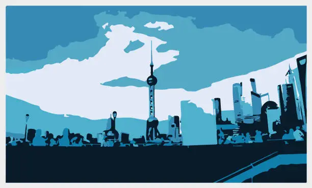 Vector illustration of Vector art woodblock ShangHai city bund buildings illustration background