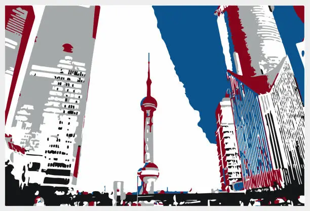 Vector illustration of Vector art engraving ShangHai city buildings illustration background