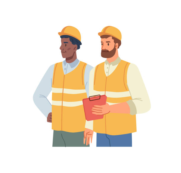 Builders or construction industry workers in yellow helmets and protective vests, folder tablet in hands flat cartoon vector illustration. Vector young people in workwear standing with documents vector art illustration