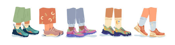 stockillustraties, clipart, cartoons en iconen met modern sneakers and joggers, sportive models of shoes for teenagers and hipsters. fashionable clothes for apparel, legs and footwear. textile and rubber material, shop or store. vector in flat style - snelwandelen