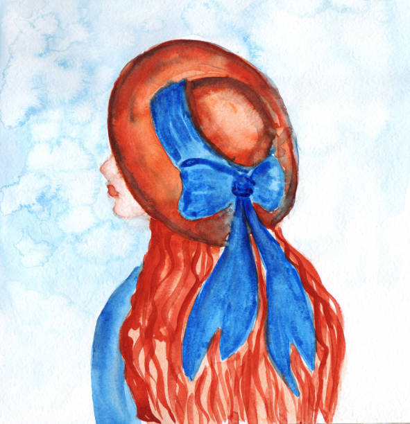 ilustrações, clipart, desenhos animados e ícones de garota ruiva, mulher de chapéu de palha com borda grande e fita de seda azul. longos cabelos castanhos vermelhos encaracolados, lábios vermelhos. - cabelo pintado de vermelho