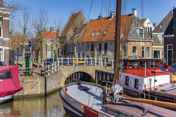 Historic ships in the canals of Harlingen, Netherlands