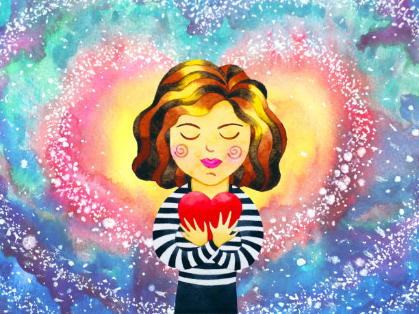 illustrations, cliparts, dessins animés et icônes de fille femme s’aimer soi-même guérir cœur rouge esprit santé spirituelle énergie mentale émotion se connecter à l’univers pouvoir art abstrait aquarelle peinture illustration design - spirituality hand on heart meditating women