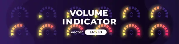Vector illustration of Sound meter. Volume level indicator. Loading circle with percentage. Gauge concept with microphone icon. Animation. UI, User interface. Minimalistic template. Modern design. Vector illustration.