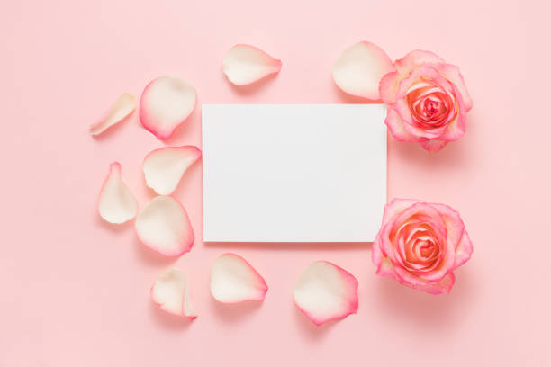 istock Blank paper sheet with roses and petals on pink background top view 1363810042