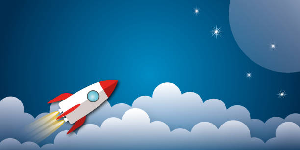 Rocket with clouds rising up the sky as metaphor for business and financial growth. Rocket with clouds rising up the sky as metaphor for business and financial growth, Success and financial developing, Business growth concept, space for the text. paper cut design style. rocketship borders stock illustrations