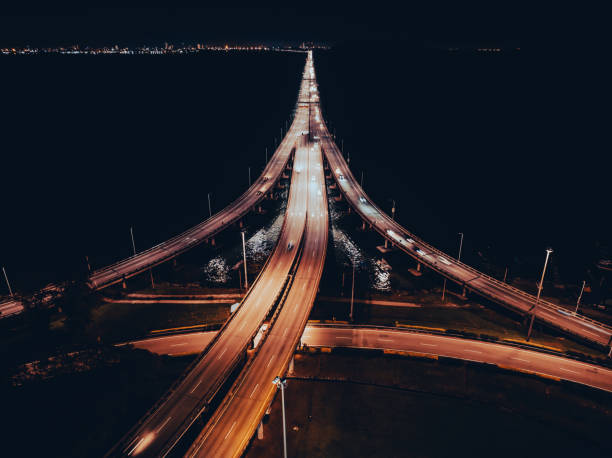 istock Top view on the road junction illuminated by road lights 1363814029