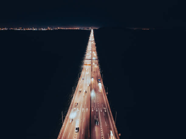 istock Top view on the road junction illuminated by road lights 1363814086