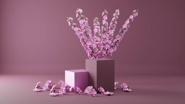 3d podium for cosmetics demonstration. The square stage is white with pink flowers on the background of the walls with shadow from the sunlight. 3d rendering. stock photo