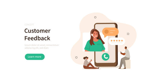call center Customer support and feedback scene. Characters having consultation with helpdesk operator and giving positive review. Vector illustration. call center stock illustrations