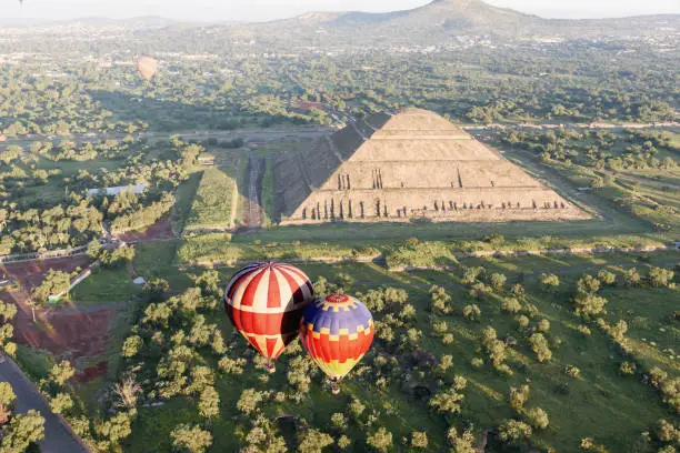 Stunning view from the gondola of the Hot Air Balloon Flight over Teotihuacan at sunrise in  Mexico