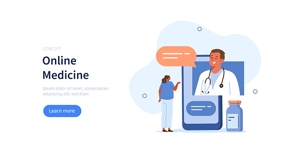 Patient meeting with doctor online, having consultation and receiving digital prescription. Telemedicine and e-health concept. Vector illustration.