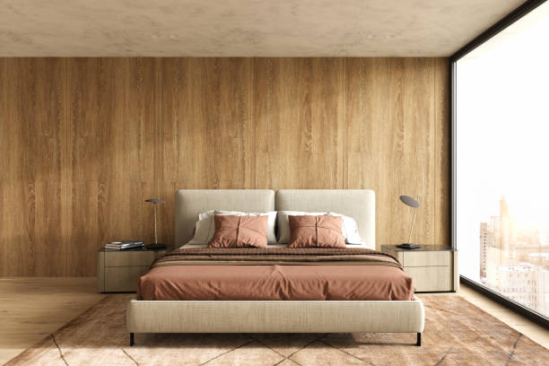 침대 테라코타 색상, 벽과 바닥에 나무 패널현대 스칸디나비아와 일본디 스타일의 침실 인테리어 디자인. 3d 렌더링 그림입니다. - front panel 뉴스 사진 이미지