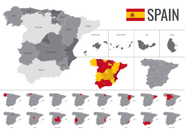 Detailed map of Spain with division into autonomous communities with all names and flag of the country, vector illustration Detailed map of Spain with division into autonomous communities with all names and flag of the country, vector illustration ceuta map stock illustrations
