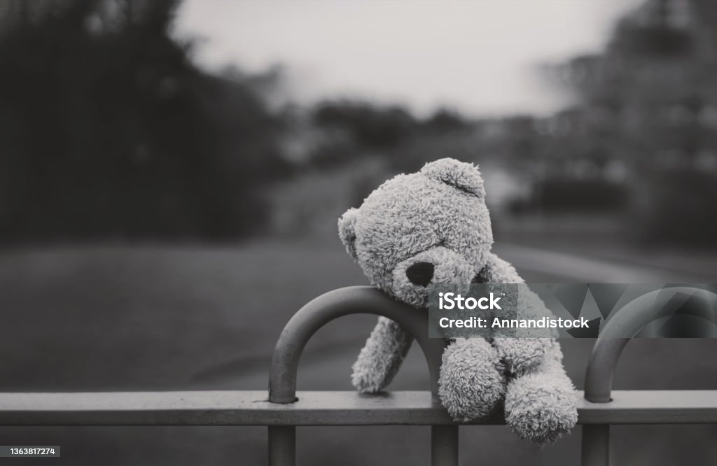 Black and white Lost teddy bear sitting on bench at playground in gloomy day,Lonely and sad face bear doll lied down alone in the park, lost toy,Loneliness concept, International missing Children day Kidnapping Stock Photo