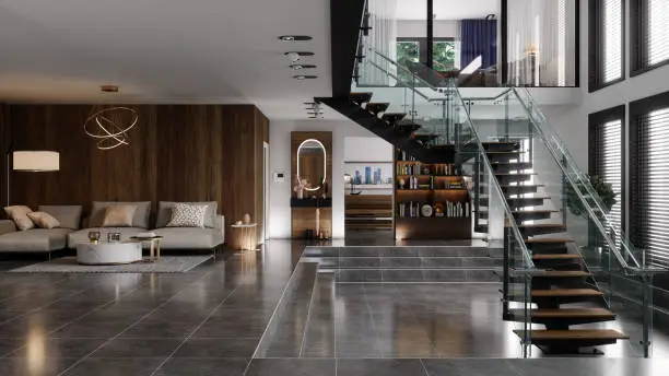 Photo of Luxury Modern House Interior With Corner Sofa, Bookshelf And Staircase