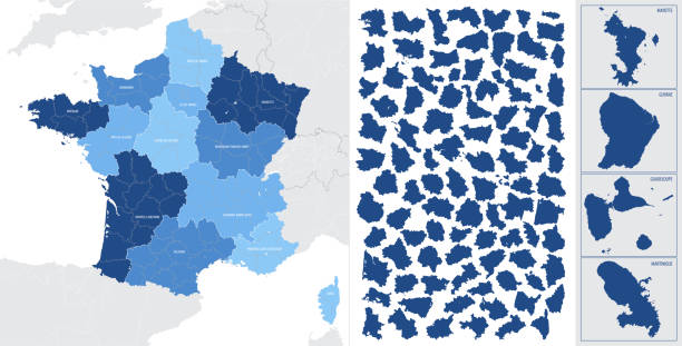 ilustraciones, imágenes clip art, dibujos animados e iconos de stock de detallado, vectorial, mapa azul de francia con divisiones administrativas en regiones y departamentos, metrópolis y territorios de ultramar del país - francia