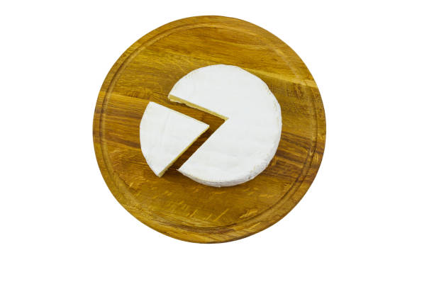 Piece of brie cheese on cutting board isolated on white background