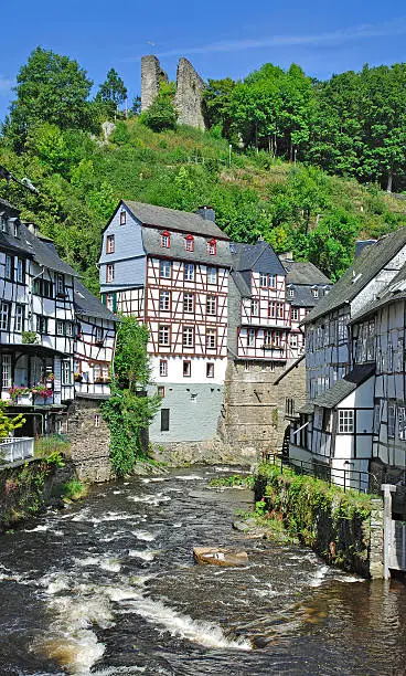the picturesque village of monschau with half-timbered houses at the rur river in the eifel,north rhine-westphalia,germany