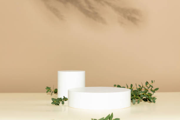 istock Two Abstract empty white podiums with eucalyptus leaves on beige background 1363823223