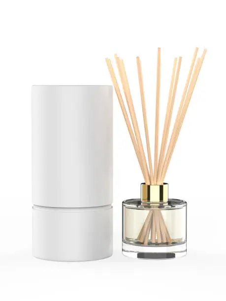 Blank Reed Diffuser Aroma Stick Fragrance Scent Perfume Paper Box Packaging For Template. 3d render illustration.