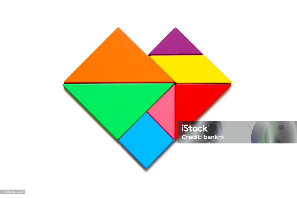 Color tangram puzzle in heart shape on white background Tangram Stock Photo