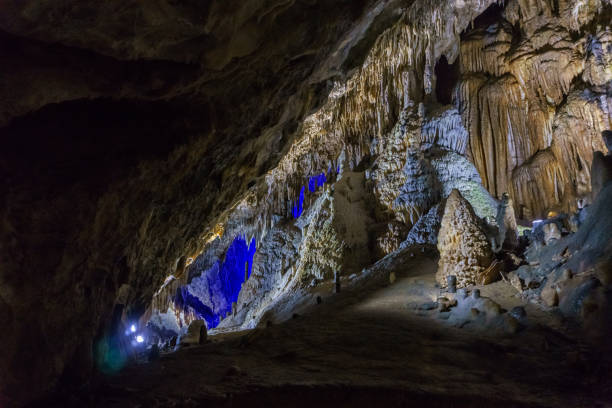 illumination inside of Han-sur-Lesse cave grotto, Belgium stock photo