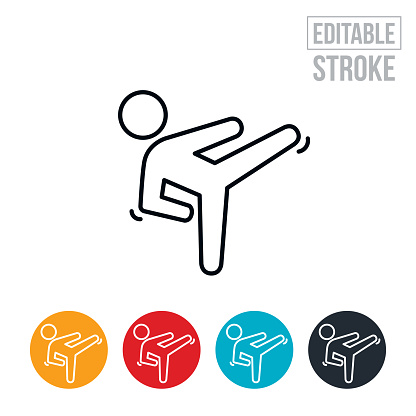 An icon of a martial artist doing a karate kick. The icon includes editable strokes or outlines using the EPS vector file.