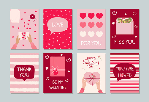 Set of eight Valentine's day greeting cards with hand written greeting lettering, gift boxes, female hands, hearts. Happy Valentine's day concept. Hand drawn vector illustration for invitation, poster