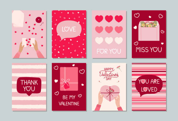 Set of eight Valentine's day greeting cards with hand written greeting lettering, gift boxes, female hands, hearts. Happy Valentine's day concept. Hand drawn vector illustration for poster, invitation Set of eight Valentine's day greeting cards with hand written greeting lettering, gift boxes, female hands, hearts. Happy Valentine's day concept. Hand drawn vector illustration for invitation, poster valentine card stock illustrations
