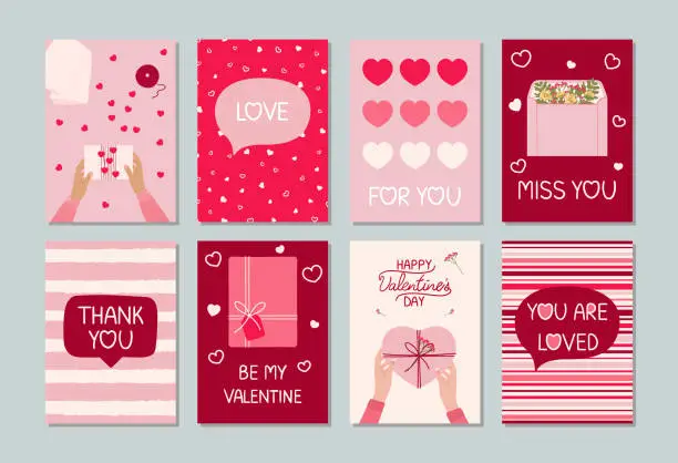 Vector illustration of Set of eight Valentine's day greeting cards with hand written greeting lettering, gift boxes, female hands, hearts. Happy Valentine's day concept. Hand drawn vector illustration for poster, invitation