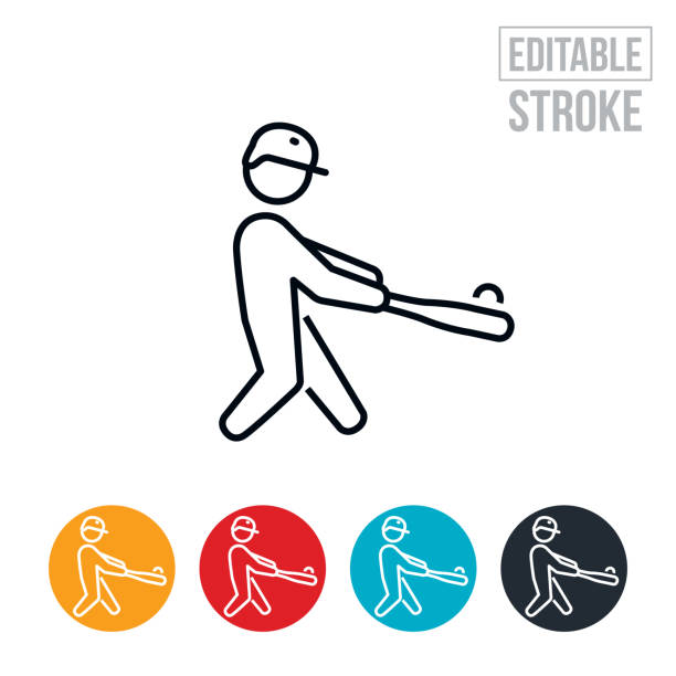 Baseball Player Hitting Ball Thin Line Icon - Editable Stroke An icon of a baseball player hitting baseball with bat. The icon includes editable strokes or outlines using the EPS vector file. baseball base icon stock illustrations