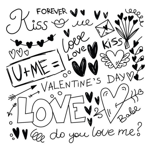 istock Hand written set with hearts, love, kiss, arrows, love letters, lips, 1363836288