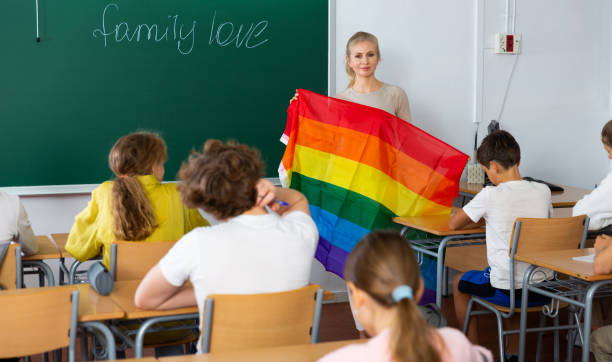 istock Teacher explaining LGBT flag meaning for kids during lesson 1363838946