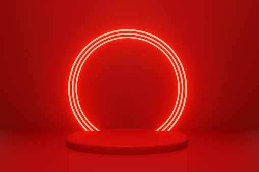Plataforma roja de presentación de productos, stand de podio con luces de neón photo