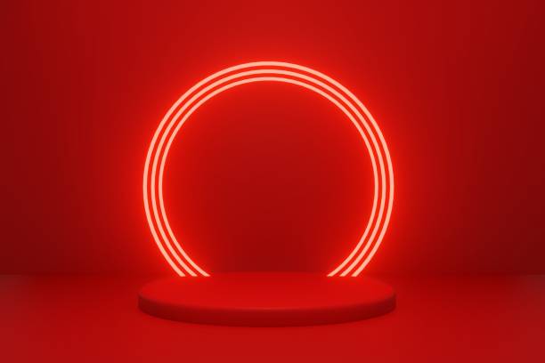 Red product presentation platform, podium stand with neon lights