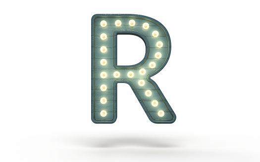 3d render Letter R decorated with light bulb covered with green wood (isolated on white and clipping path)