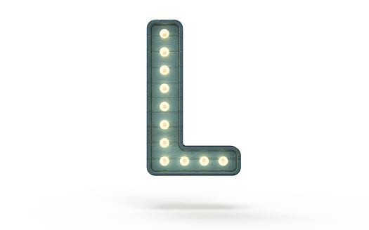 3d render Letter L decorated with light bulb covered with green wood (isolated on white and clipping path)
