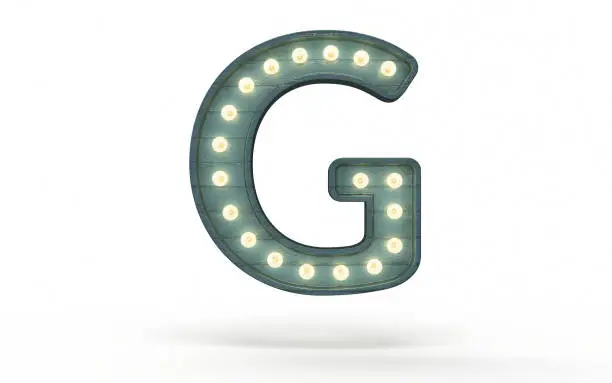 3d render Letter G decorated with light bulb covered with green wood (isolated on white and clipping path)