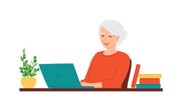stockillustraties, clipart, cartoons en iconen met senior gray-haired smiling  woman sits at a laptop - mature woman