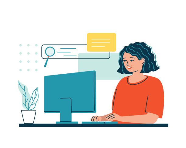 ilustraciones, imágenes clip art, dibujos animados e iconos de stock de mujer con portátil trabajando en internet - ordenador