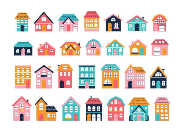 ilustraciones, imágenes clip art, dibujos animados e iconos de stock de gran conjunto de casas coloridas, pueblo pequeño, fachada exterior de pueblo pequeño. ilustración plana vectorial - casas