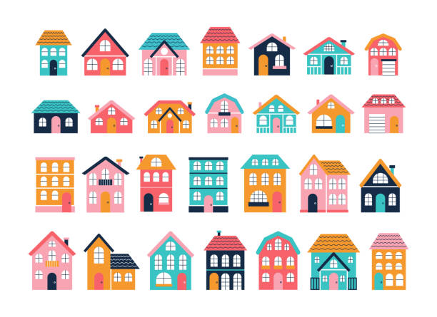 Big set of colorful houses, small town, exterior facade of small town. Vector flat illustration Big set of colorful houses, small town, exterior facade of small town. Vector flat illustration. flat icons stock illustrations