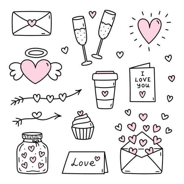 ilustrações de stock, clip art, desenhos animados e ícones de cute set of doodles for valentine's day - glasses of champagne, love cards, envelopes with hearts, arrows and others - toast coffee