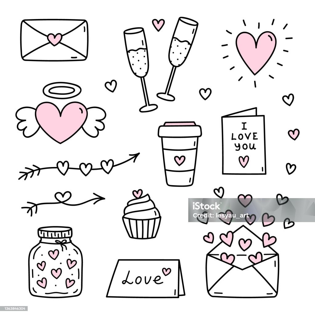 Cute Set Of Doodles For Valentines Day Glasses Of Champagne Love ...