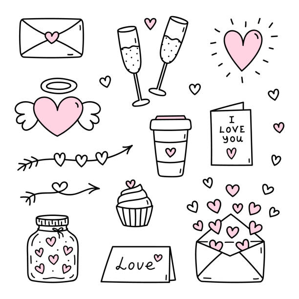 Cute set of doodles for Valentine's Day - glasses of champagne, love cards, envelopes with hearts, arrows and others Cute set of doodles for Valentine's Day - glasses of champagne, love cards, envelopes with hearts, arrows and others. Vector hand-drawn illustration. Perfect for holiday designs, stickers, decor. pink envelope stock illustrations