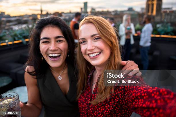 Rooftop Party Selfie Stock Photo - Download Image Now - Friendship, Selfie, Bar - Drink Establishment