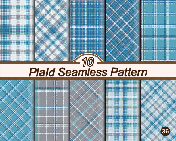 Check plaid seamless set pattern. Check plaid seamless set pattern. Blue, gray, white pixel background checkered. Tartan cage abstract texture. Vector graphics printing on fabric, shirt, textile, curtain and tablecloth. tsp stock illustrations
