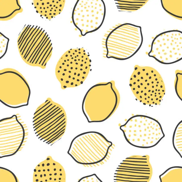 Vector illustration of Beautiful cartoon different lemons isolated on white background. Childish cute seamless pattern. Hand drawn vector graphic illustration. Texture.